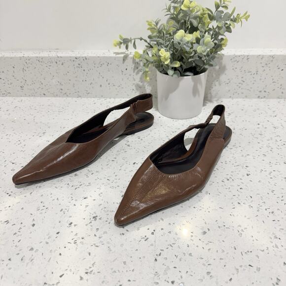 Zara Chocolate Brown Pointed Tow Faux Leather Slingback Flats 9 - Picture 2 of 5